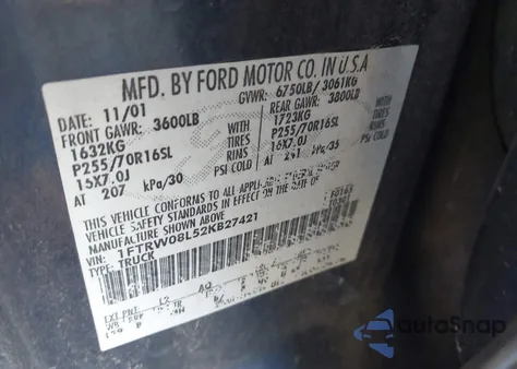 2002 Ford F-150 Lariat/Xlt z USA, uszkodzony, nr VIN 1FTRW08L52KB27421